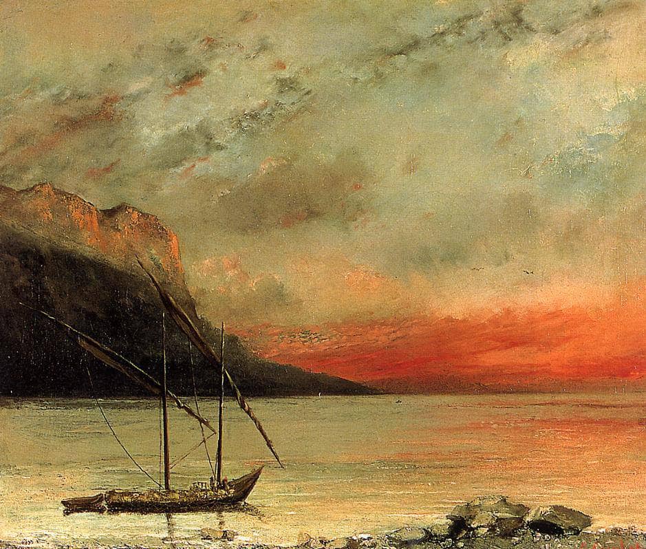 Sunset over Lake Leman by Gustave Courbet — hand-painted landscape oil painting reproduction on canvas