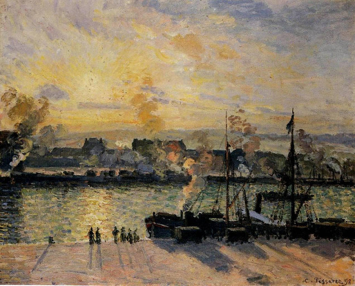 Sunset, The Port of Rouen (Steamboats) by Camille Pissarro — hand-painted landscape oil painting reproduction on canvas