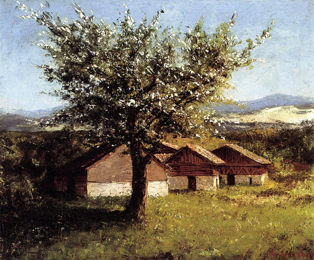 Swiss Landscape with Flowering Apple Tree by Gustave Courbet — hand-painted botanical oil painting reproduction on canvas