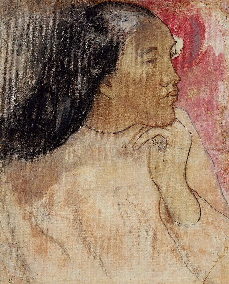 Tahitian woman with flower in her hair by Paul Gauguin — hand-painted portrait oil painting reproduction on canvas