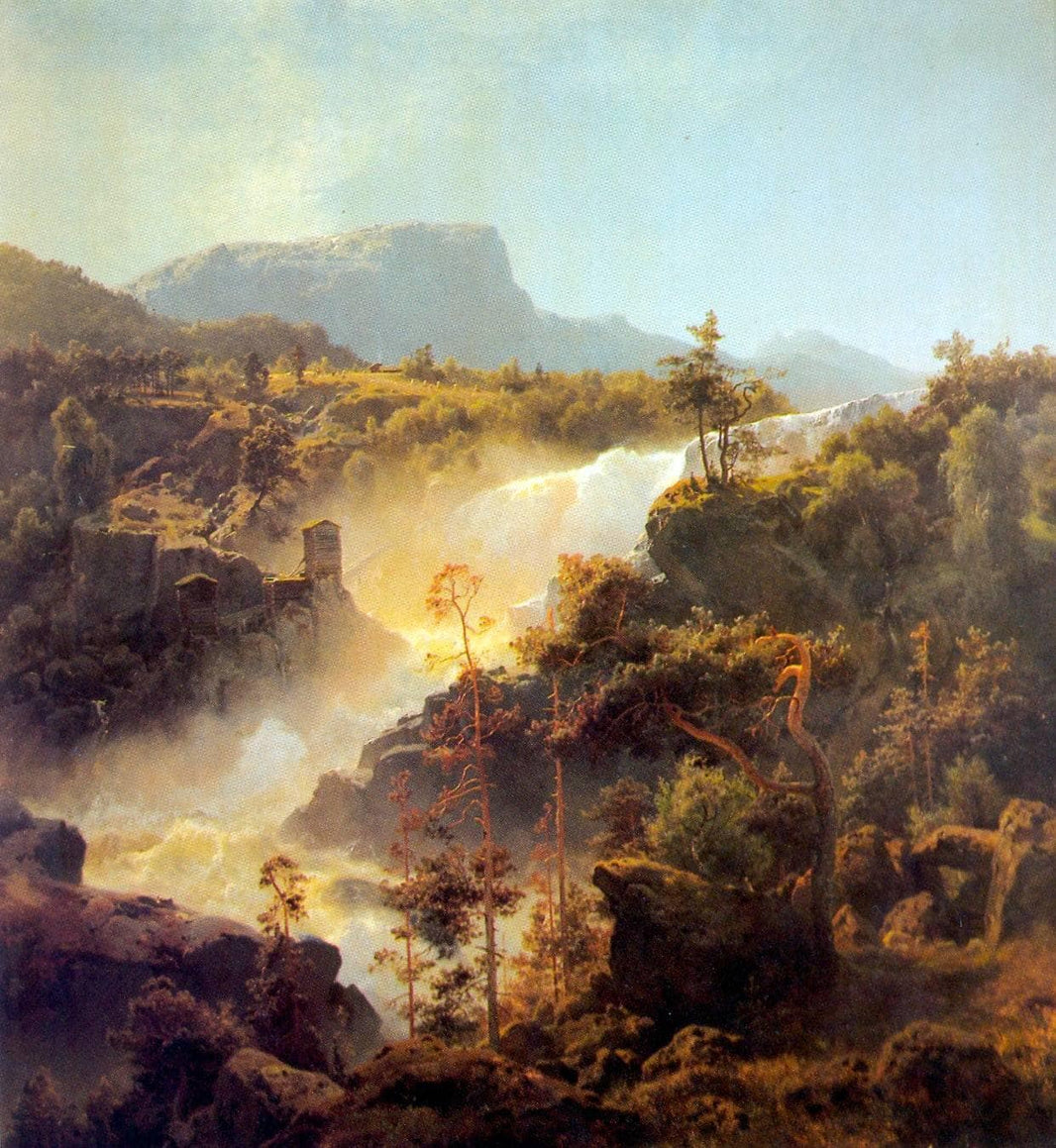 Tessefossen I Vågå I Middagsbelysning by Hans Gude — hand-painted landscape oil painting reproduction on canvas