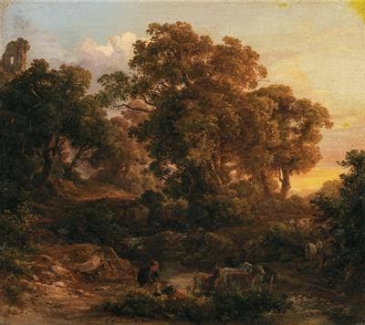 A Shepherd with His Cattle in a Wooded Landscape by Károly Markó the Elder — hand-painted landscape oil painting reproduction on canvas
