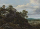 Landscape with Houses on a Rocky Hill with a View of a Plain Beyond by Jacob van Ruisdael — rock oil painting wall art, Baroque