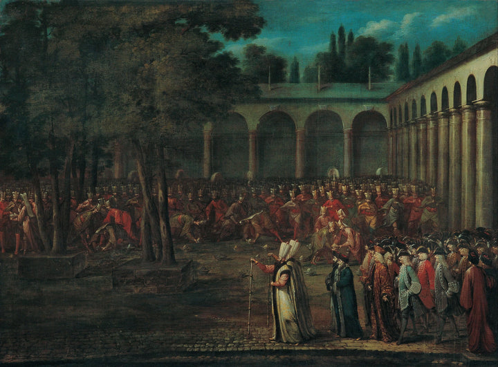 The Ambassadorial Delegation Passing Through the Second Courtyard of the TopkapÄ± Palace by Jean Baptiste Vanmour — hand-painted architectural oil painting reproduction on canvas