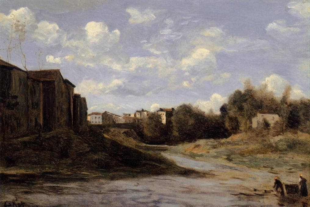 The Banks of the Midouze, Mont de Marsan, as Seen from the Pont du Commerce by Camille Corot — hand-painted architectural oil painting reproduction on canvas