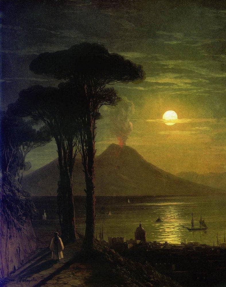 The Bay of Naples at moonlight night. Vesuvius