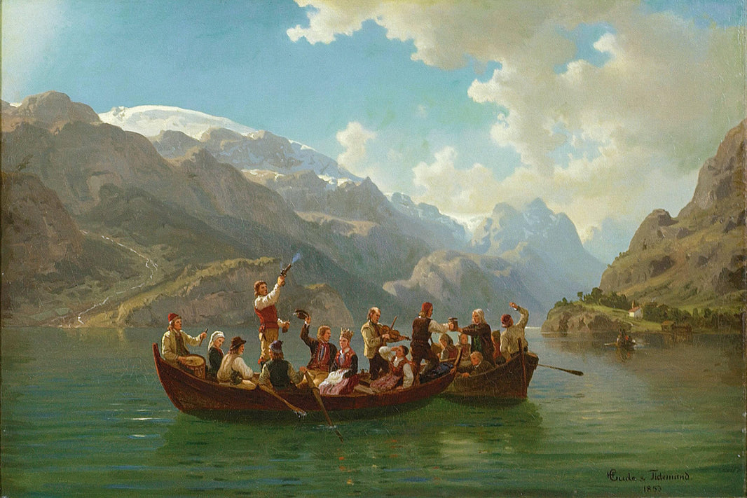 The Bridal Procession on the Hardangerfjord (made in cooperation with Hans Gude) by Adolph Tidemand — hand-painted landscape oil painting reproduction on canvas