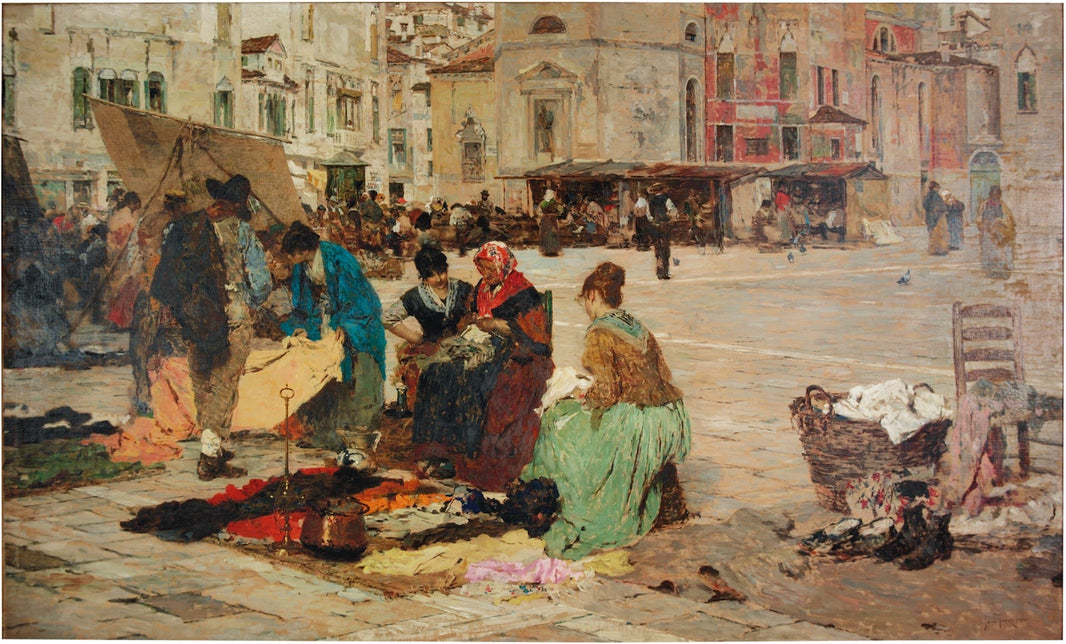 The Campo San Polo market in Venice on a Saturday by Giacomo Favretto — hand-painted cultural oil painting reproduction on canvas