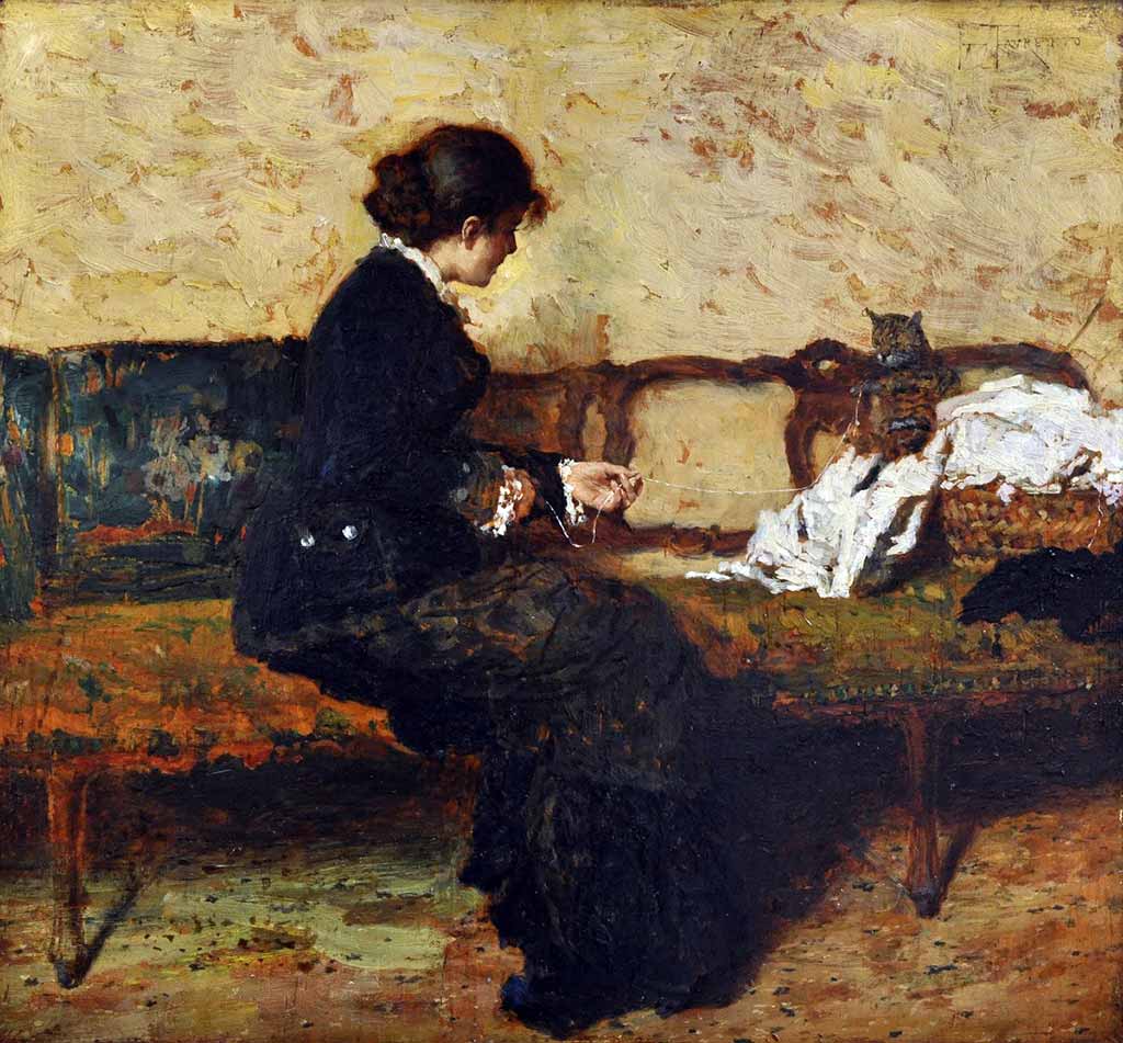 The cat on the linen by Giacomo Favretto — hand-painted portrait oil painting reproduction on canvas