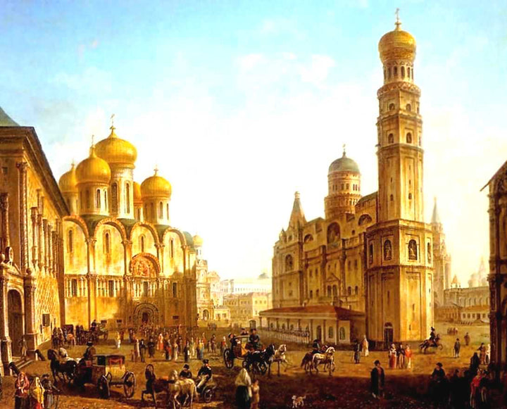 The Cathedral Square in the Moscow Kremlin by Fyodor Alekseyev — hand-painted architectural oil painting reproduction on canvas
