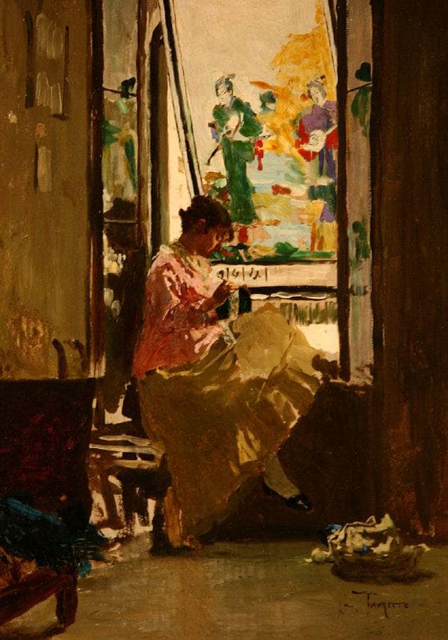 The Chinese study. At the window by Giacomo Favretto — hand-painted portrait oil painting reproduction on canvas