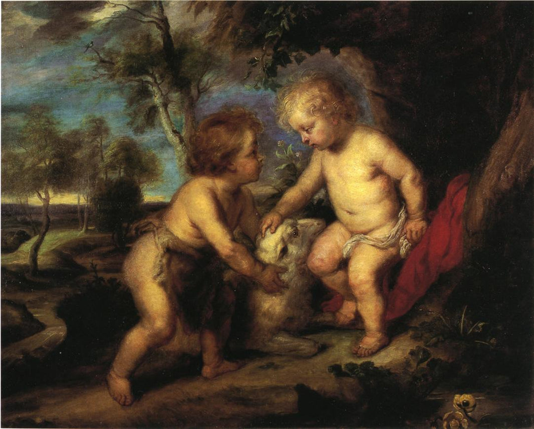 The Christ Child and the Infant St. John after Rubens by T. C. Steele — hand-painted cultural oil painting reproduction on canvas