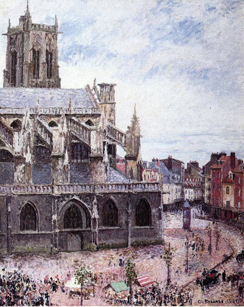 The Church of Saint Jacues, Dieppe, Rainy Weather by Camille Pissarro — hand-painted architectural oil painting reproduction on canvas