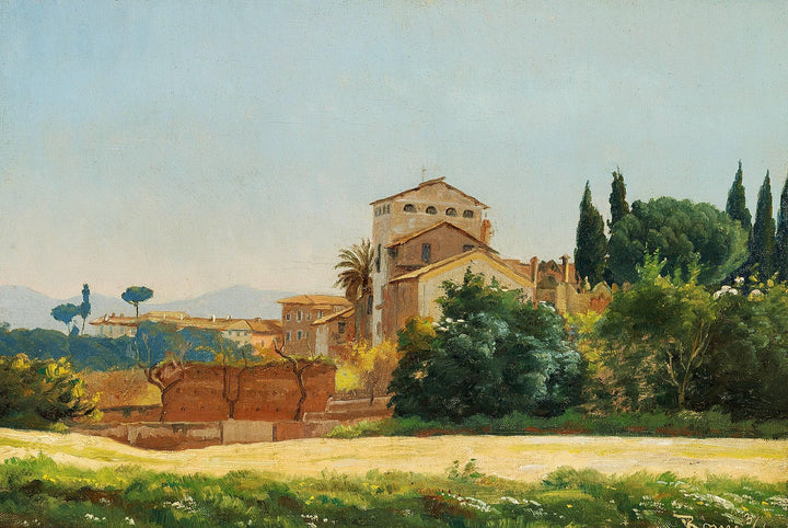 The church of San Bonaventura al Palatino, seen from the old Imperial Palace. In the background the Alban hills by Wenzel Tornøe — hand-painted architectural oil painting reproduction on canvas