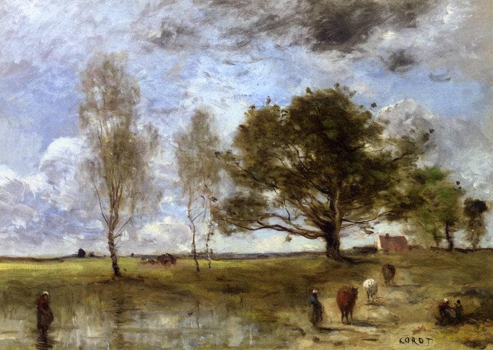The Cow Path by Camille Corot — hand-painted animal oil painting reproduction on canvas