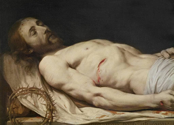 The Dead Christ laid down on his Shroud detail of mid to upper body