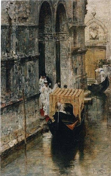 The departure of the newlyweds by Giacomo Favretto — hand-painted architectural oil painting reproduction on canvas