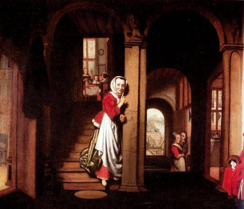 The Eavesdropper by Nicolaes Maes — hand-painted architectural oil painting reproduction on canvas