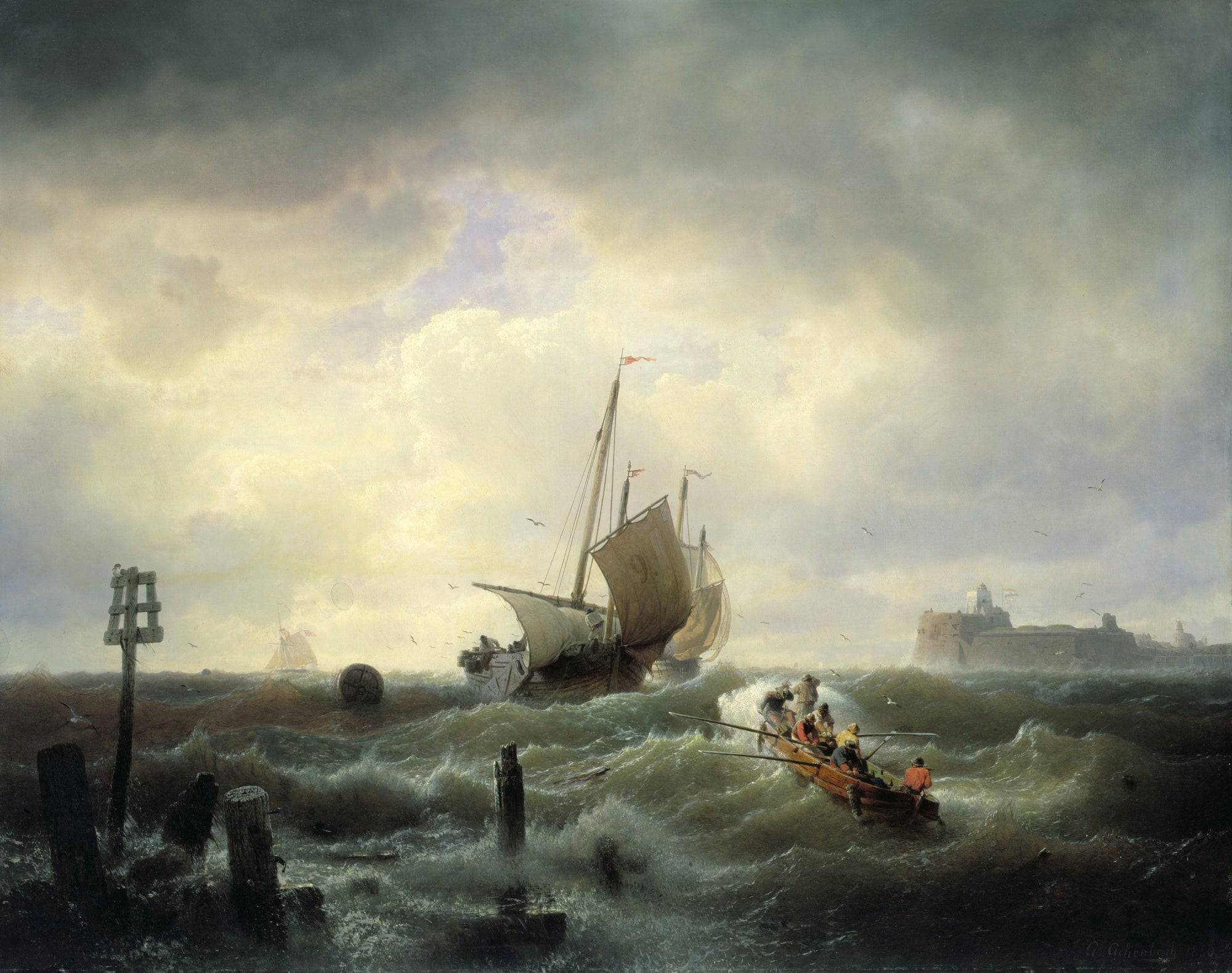 The Entrance to the Harbour at Hellevoetsluys - Andreas Achenbach