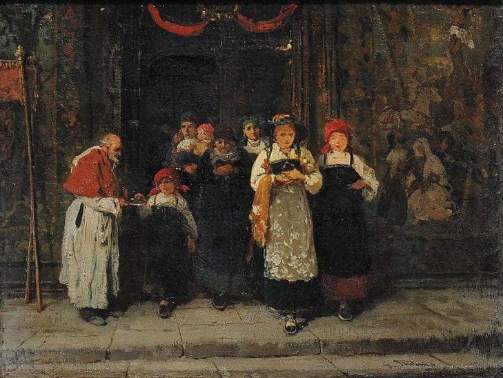 The exit from the Mass by Gerolamo Induno — hand-painted portrait oil painting reproduction on canvas