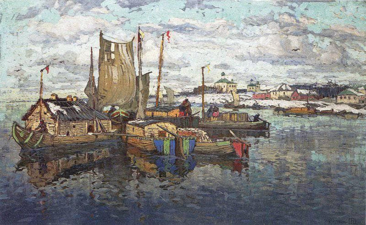 The First Snow on the River by Konstantin Gorbatov — hand-painted architectural oil painting reproduction on canvas