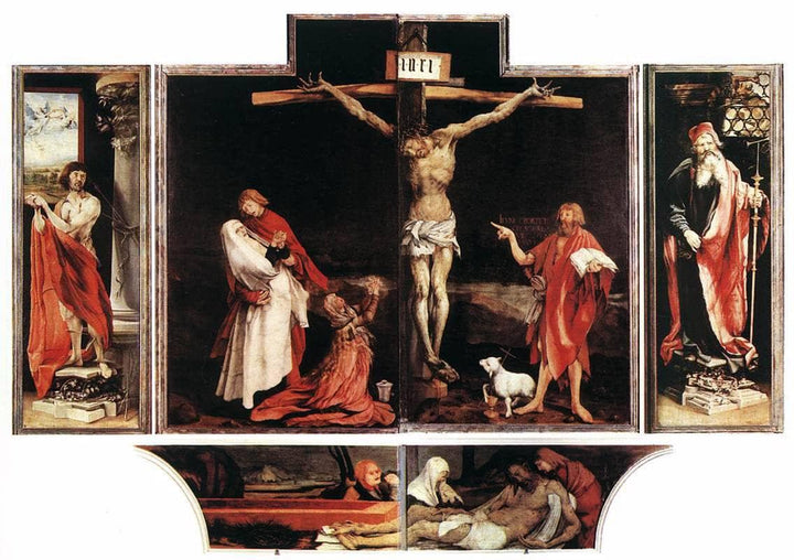 The first view of the altar: St. Sebastian (left), The Crucifixion (central), St. Anthony (right), Entombment (bottom) by Matthias Grünewald — hand-painted cultural oil painting reproduction on canvas