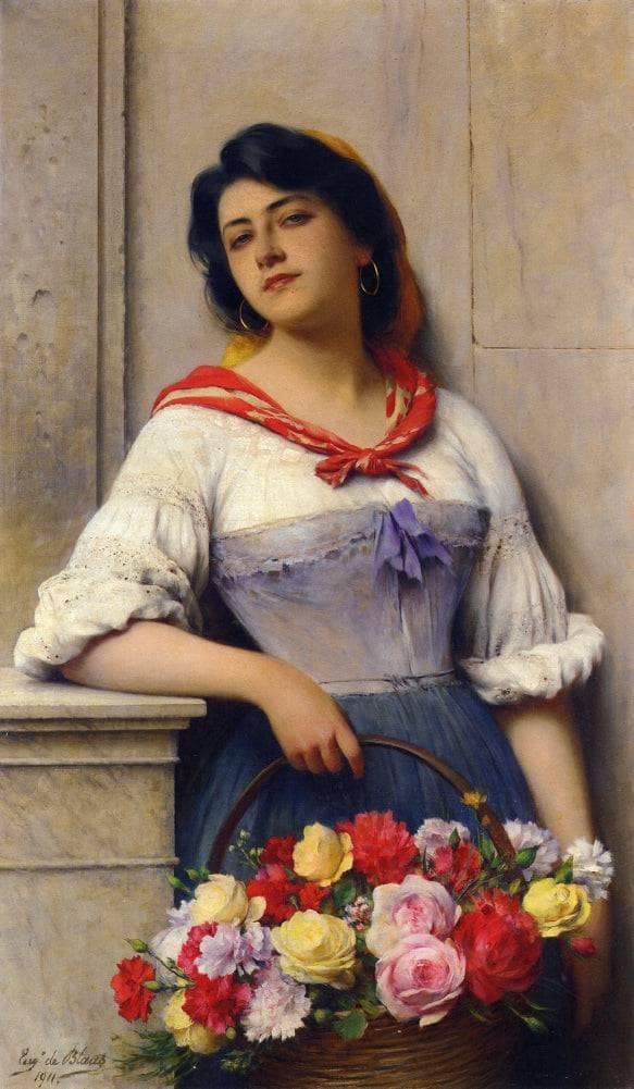The Flower Girl by Eugene de Blaas — hand-painted botanical oil painting reproduction on canvas