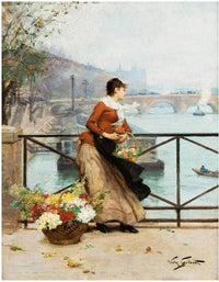 The flower vendor on the pont des Arts in Paris by Victor Gabriel Gilbert — hand-painted landscape oil painting reproduction on canvas