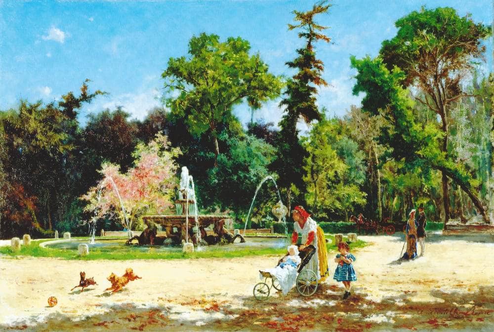 The fountain of the Sea Horses in Villa Borghese by Aurelio Tiratelli — hand-painted landscape oil painting reproduction on canvas