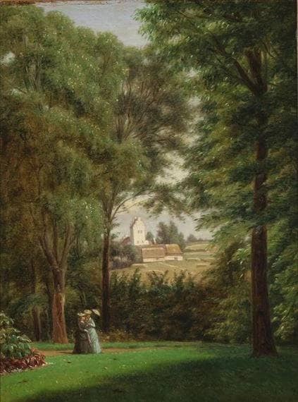 The Garden at Falkensteen Manor with a View of Sludstrup Church by Jørgen Sonne — hand-painted botanical oil painting reproduction on canvas