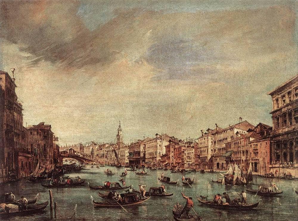 The Grand Canal, Looking toward the Rialto Bridge by Francesco Guardi — hand-painted landscape oil painting reproduction on canvas