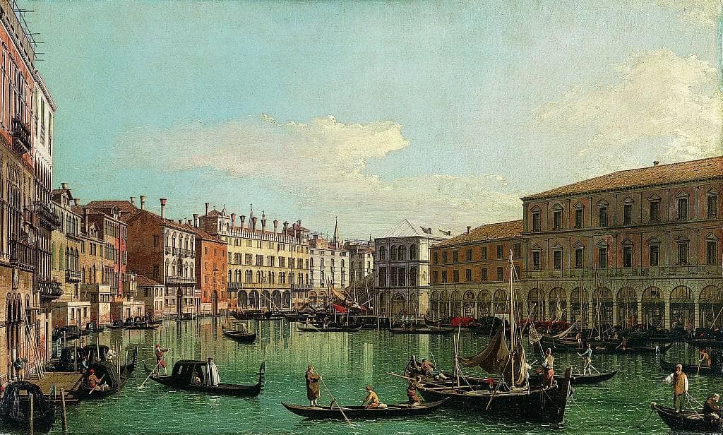 The Grand Canal, Venice, Looking South toward the Rialto Bridge by Canaletto — hand-painted landscape oil painting reproduction on canvas