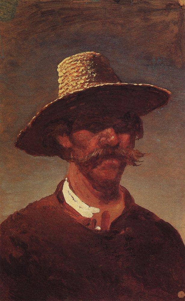 The head of a Ukrainian peasant in a straw hat by Arkhyp Kuindzhi — hand-painted portrait oil painting reproduction on canvas