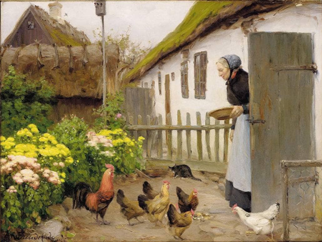 The Hens are Fed by Hans Andersen Brendekilde — hand-painted landscape oil painting reproduction on canvas