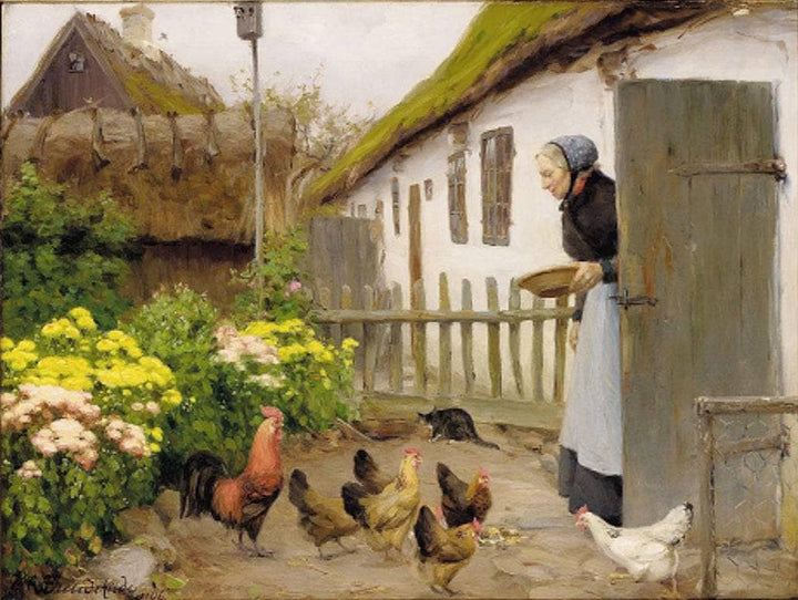 The Hens are Fed by Hans Andersen Brendekilde — hand-painted landscape oil painting reproduction on canvas