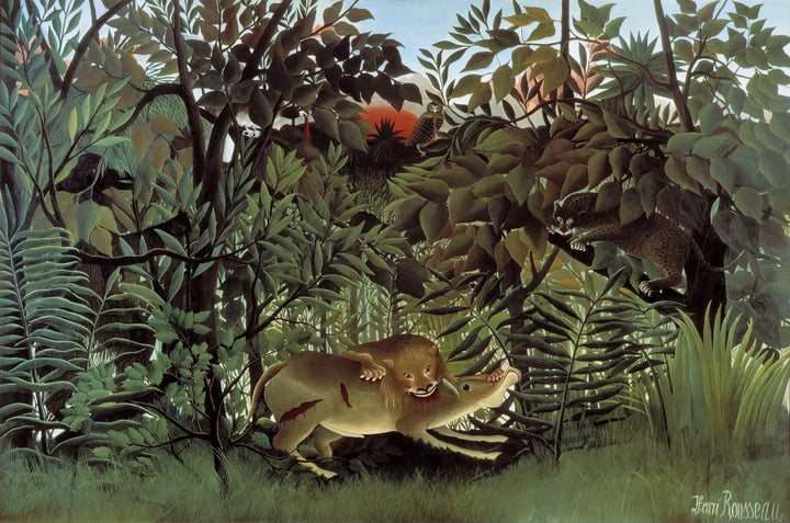 The Hungry Lion Throws Itself on the Antelope by Henri Rousseau — hand-painted animal oil painting reproduction on canvas