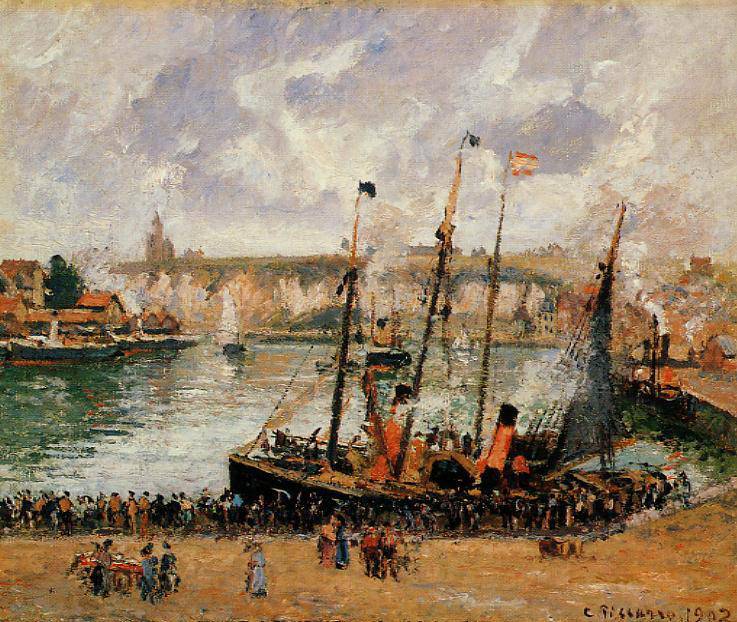 The Inner Harbor, Dpeppe, High Tide, Morning, Grey Weather - Camille Pissarro