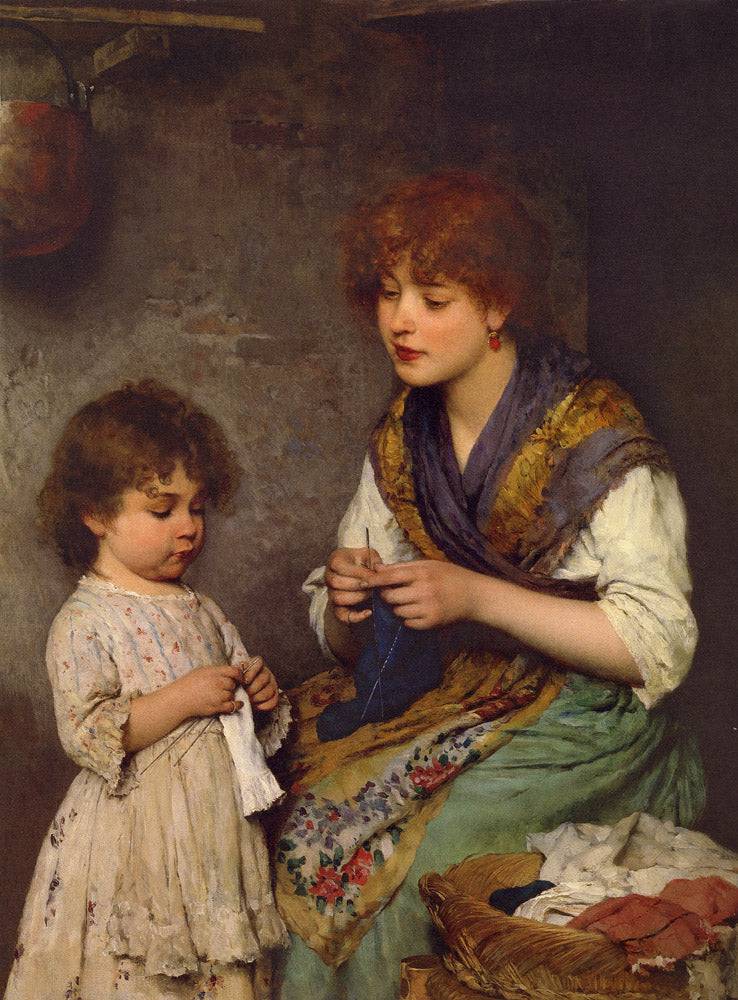 The Knitting Lesson by Eugene de Blaas, hand-painted portrait oil painting reproduction on canvas