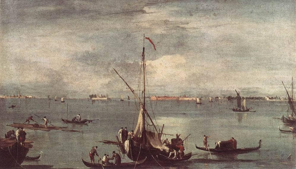 The Lagoon with Boats, Gondolas, and Rafts by Francesco Guardi — hand-painted landscape oil painting reproduction on canvas