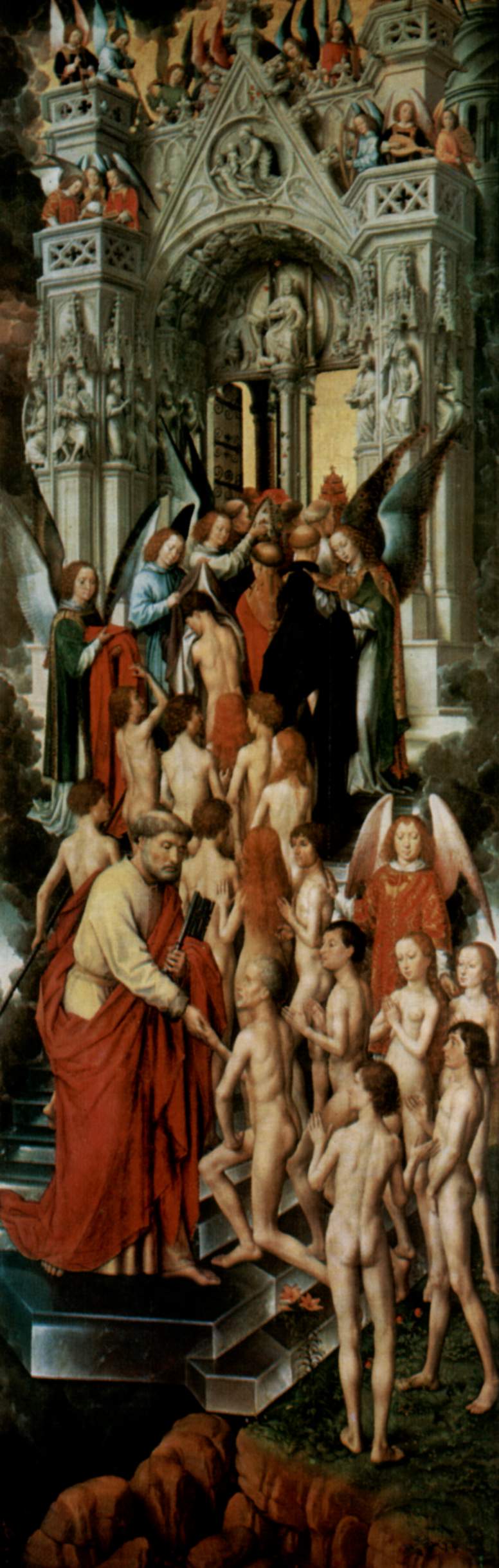The Last Judgment triptych, left wing, The Blessed at the gate to heaven (Paradise) with St. Peter