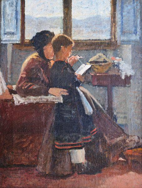 The lesson by Silvestro Lega — hand-painted portrait oil painting reproduction on canvas