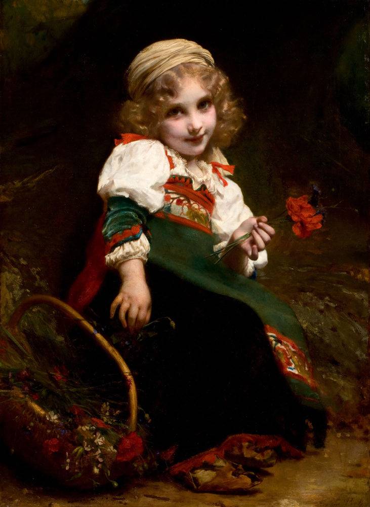 The little flower gatherer by Adolphe Piot — hand-painted portrait oil painting reproduction on canvas