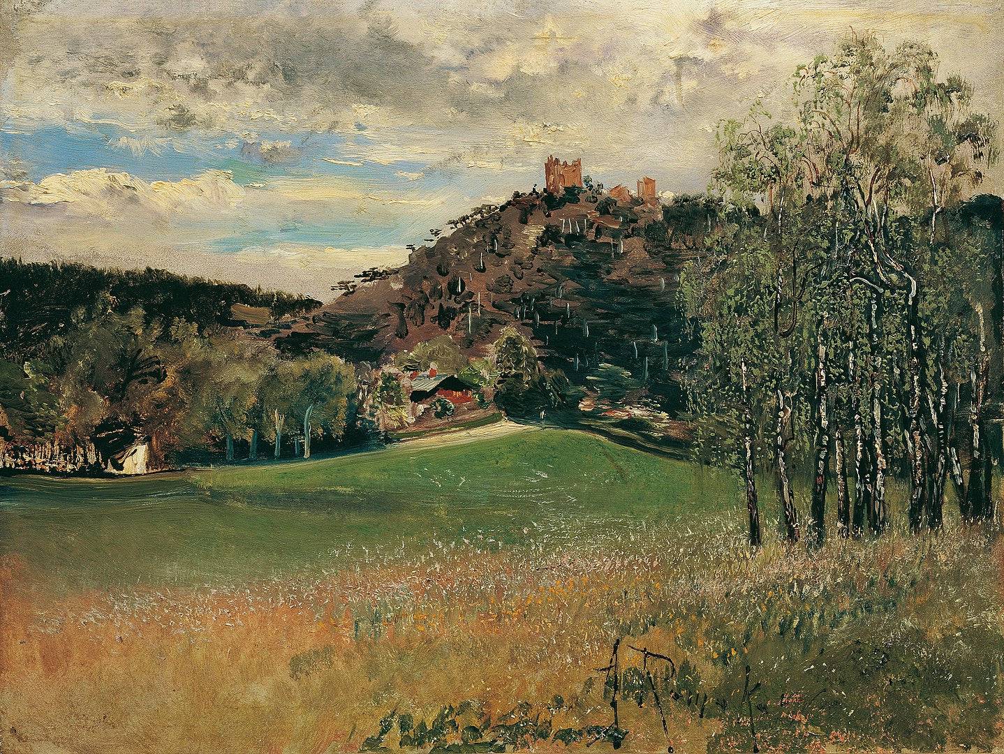 The Meiereiwiese in the Vorderbrühl with the Mödling ruins - Anton Romako