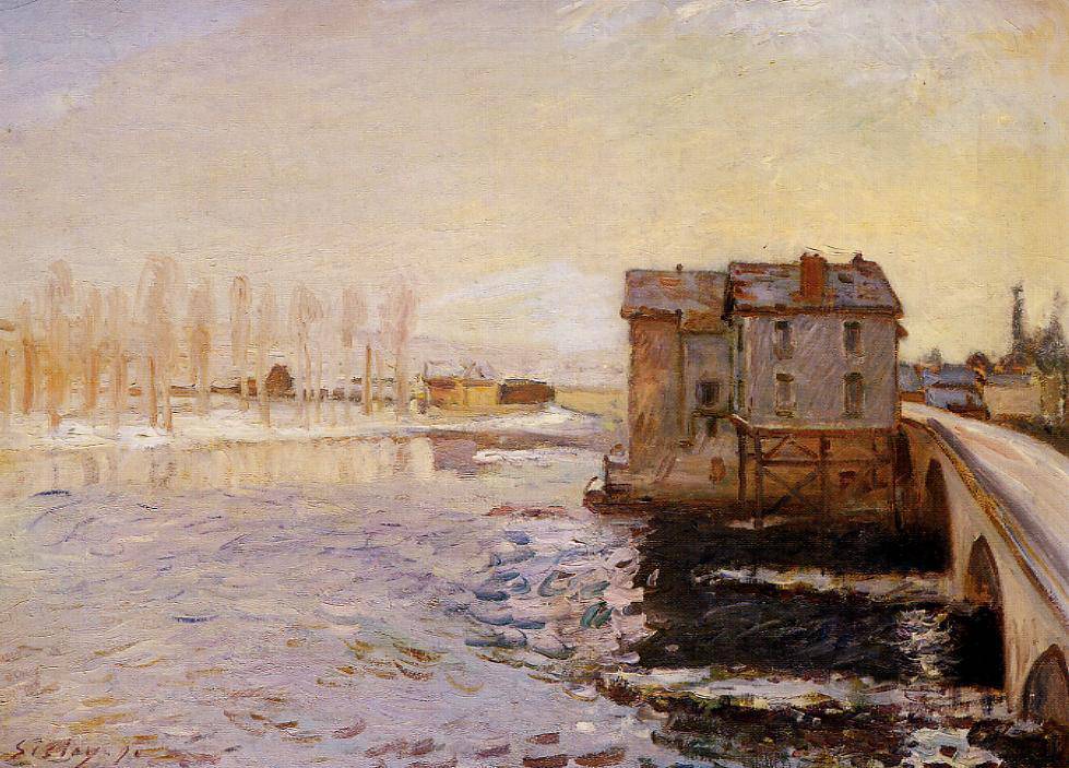 The Moret Bridge and Mills under Snow - Alfred Sisley