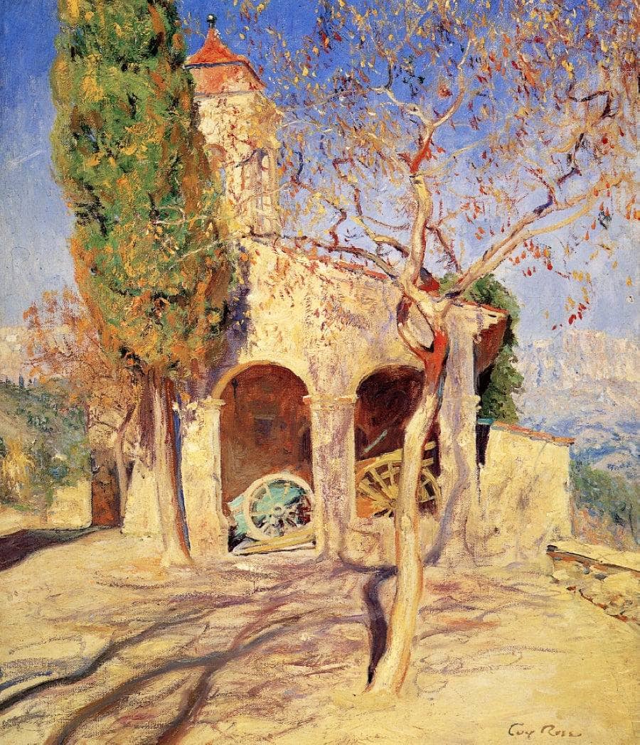 The Old Church at Cagnes by Guy Rose — hand-painted architectural oil painting reproduction on canvas
