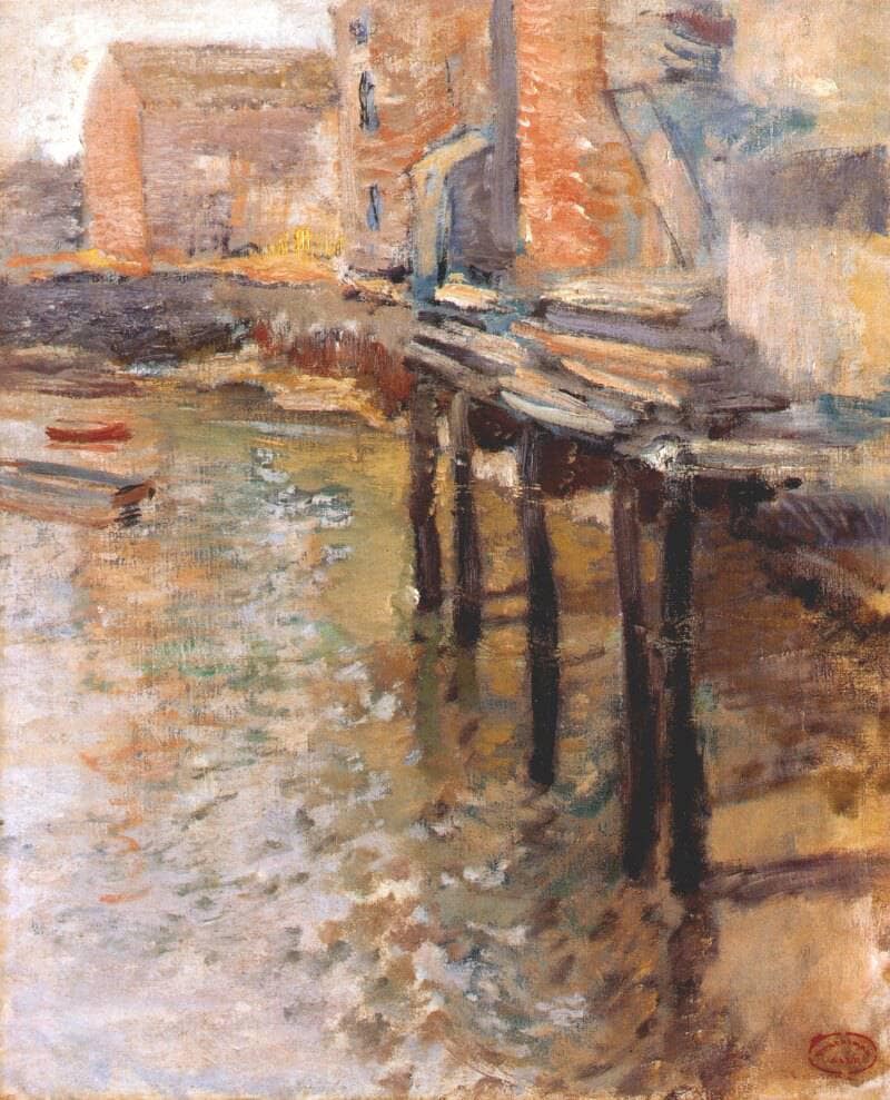 The Old Mill at Cos Cobb by John Henry Twachtman — hand-painted architectural oil painting reproduction on canvas