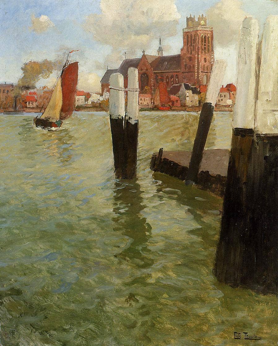 The Pier, Dordrecht by Frits Thaulow — hand-painted architectural oil painting reproduction on canvas