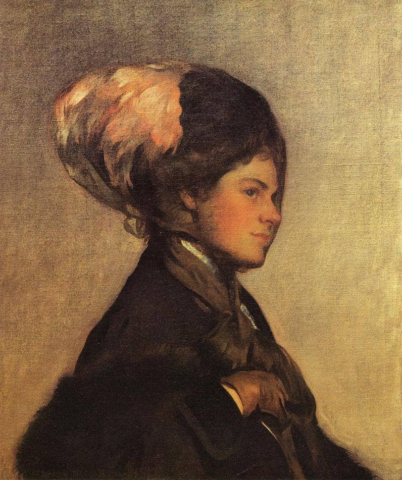 The Pink Feather (The Brown Veil) by Joseph DeCamp — hand-painted portrait oil painting reproduction on canvas