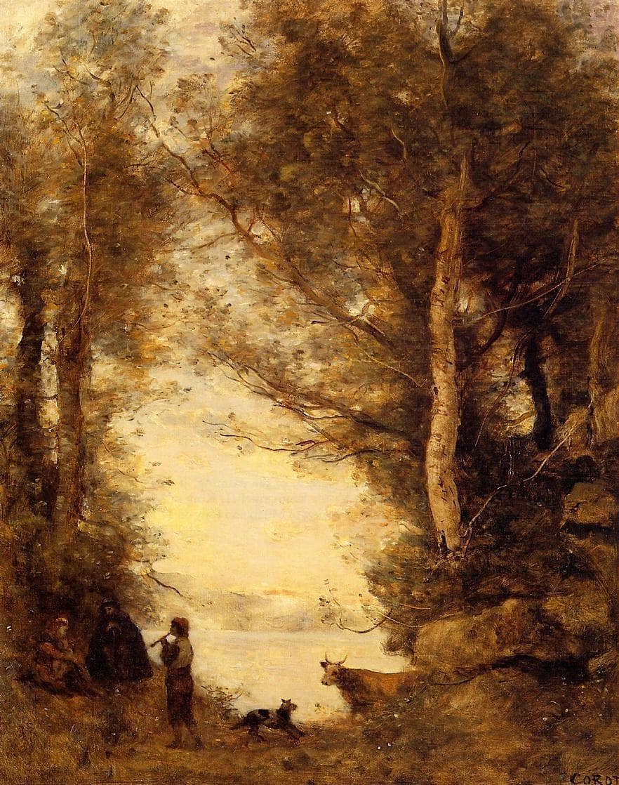 The Piper at Lake Albano by Camille Corot — hand-painted animal oil painting reproduction on canvas