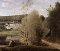 The Pond and the Cabassud Houses at Ville d'Avray by Camille Corot — hand-painted architectural oil painting reproduction on canvas